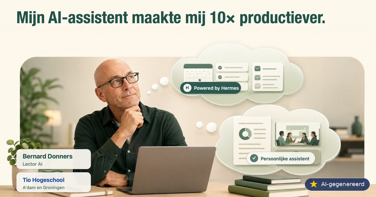 AI-gegenereerde afbeelding van Bernard Donners met voorbeelden van zijn persoonlijke Hermes AI-assistent